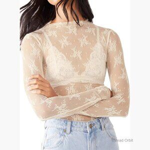 Sheer Mesh Long Sleeve Top Floral Lace Layering Tee Y2K Style